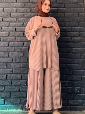 Piliseli Sandy Bluz Pantolon Takım Vizon Piliseli Sandy Bluz Pantolon Takım Vizon