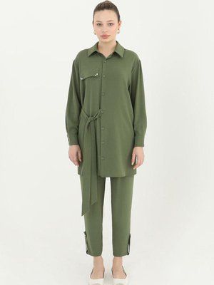 Yağ Yeşili Tuniği Bağlamalı İkili Takım Yağ Yeşili Tuniği Bağlamalı İkili Takım