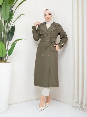 Kruvaze Yaka Önden Düğmeli Kemerli Trençkot