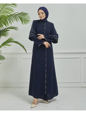 Rüya Taşlı Soft Krep Kumaş Lacivert Ferace