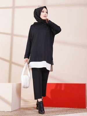 Siyah Kapüşonlu Garnili Sweatshirt