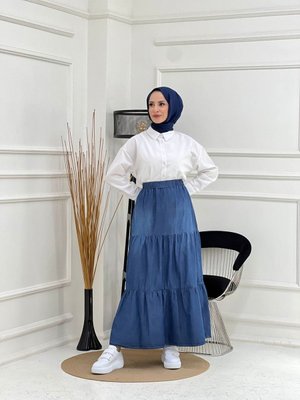 Büzgülü Beli Lastikli Kot Etek Koyu Mavi