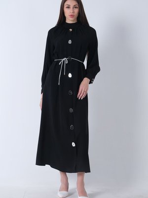 Siyah Ayna Düğmeli Kemerli Elbise Siyah Ayna Düğmeli Kemerli Elbise