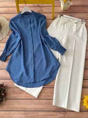 Kombin Nervürlü Tunik Ve Pantolon Takım Mavi