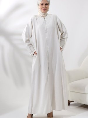 Krem Nakışlı Fermuarlı Keten Ferace