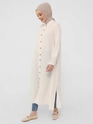 Bej Yanları Yırtmaçlı Uzun Boy Viskon Tunik