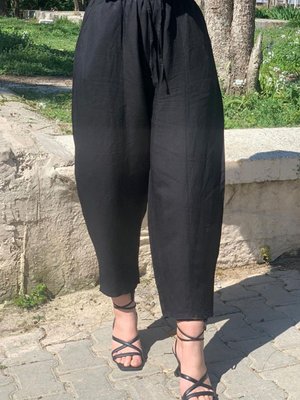 Siyah Keten Kumaş Şalvar Pantolon