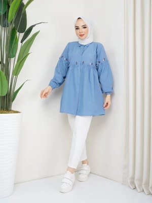 Çiçek Nakışlı Kolları Fırfır Detaylı Tunik