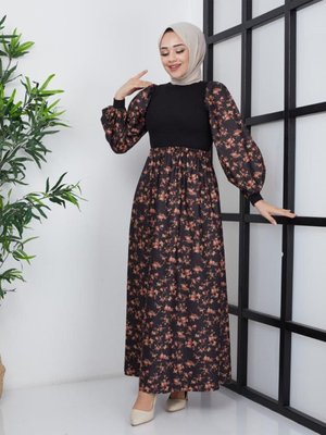 Siyah Bürümcük Desen Süet Elbise