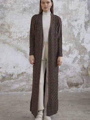 Jolie Örgü Desenli Triko Uzun Hırka Koyu Kahve Jolie Örgü Desenli Triko Uzun Hırka Koyu Kahve