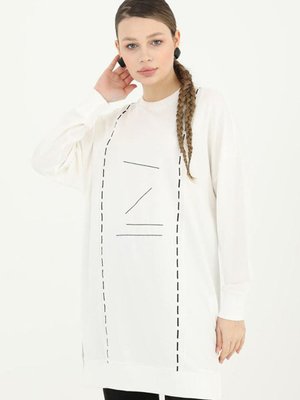 Ekru Şerit Nakışlı Sweat