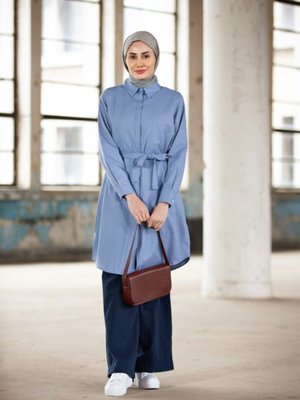 İndigo Oxford Kumaştan Gizli Düğmeli Tunik