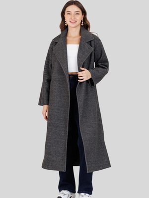 Antrasit Balıksırtı Beli Kuşaklı Kaşe Kaban Antrasit Balıksırtı Beli Kuşaklı Kaşe Kaban