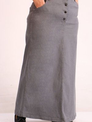 Gri Büyük Beden Önden Düğmeli Uzun Kot Etek