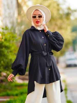 Önü Kısa Arka Uzun Belinden Kemerli Tunik Siyah