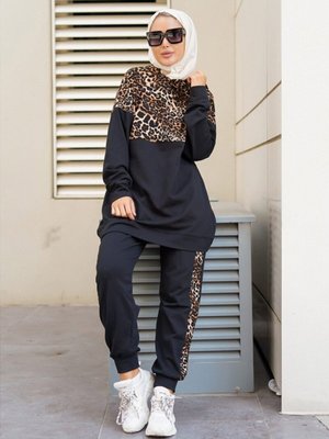 Leopar Detaylı İkili Eşofman Takımı Siyah