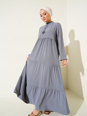 Yaka Bağcıklı Elbise Gri Yaka Bağcıklı Elbise Gri