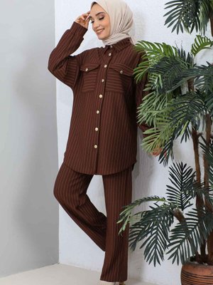 Kahverengi Çift Cepli Tunik Pantolon Takım