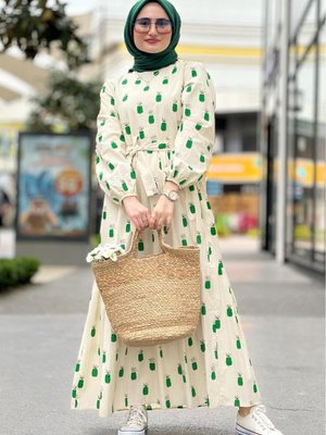 Keten Kumaş Ananas Desenli Uzun Elbise Yeşil Keten Kumaş Ananas Desenli Uzun Elbise Yeşil