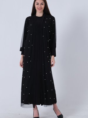 Siyah Hırka Üzeri İnci İşlemeli Tül Abiye Elbise
