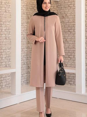 Nervürlü Taş Detay İkili Takım Vizon