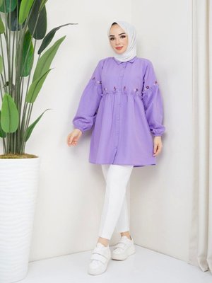 Çiçek Nakışlı Kolları Fırfır Detaylı Tunik