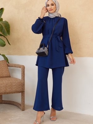 Kolları Piliseli Pantolon Tunik Takım İndigo Kolları Piliseli Pantolon Tunik Takım İndigo