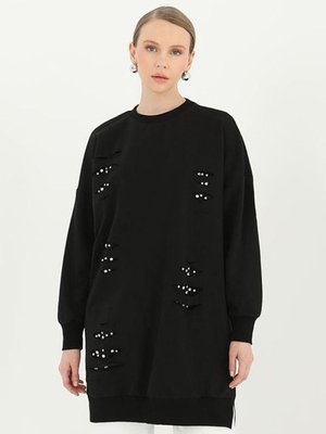 Siyah Puane Taşlı Sweat
