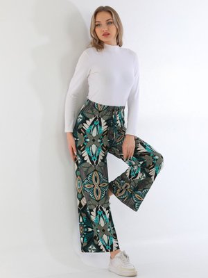 Etnik Desen Viskon Beli Lastikli Bol Paça Pantolon