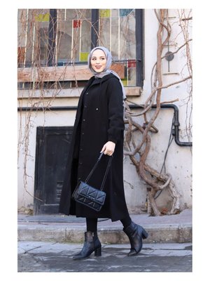 Kapüşonlu Kap Denim Pardesü/ Siyah