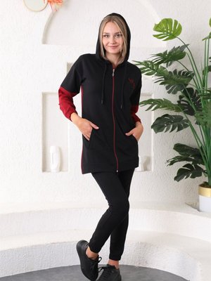 Bordo Siyah Jogger Kapüşonlu Fermuarlı Sweatshirt Eşofman Takım