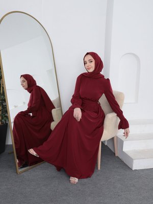 Nil Fırfır Manşetli Beli Kuşaklı Tesettür Elbise