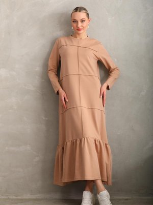 Bej Bloklu Eteği Fırfırlı Uzun Spor Salaş Elbise Bej Bloklu Eteği Fırfırlı Uzun Spor Salaş Elbise