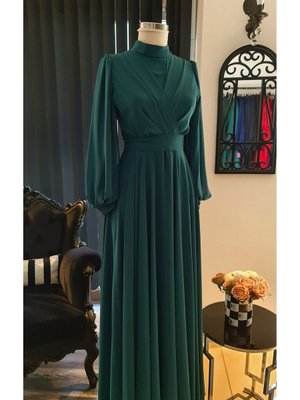 Yeşil Şifondan,kruvaze Yakalı,kloş Kesim, Abiye Elbise