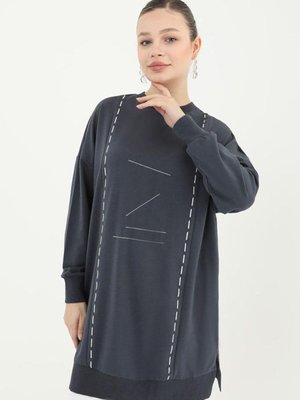 Lacivert Şerit Nakışlı Sweat