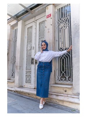 Boydan Düğmeli Körük Cepli Kot Etek Koyu Mavi