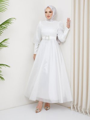 Balon Kollu Organze Abiye Elbise Beyaz