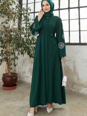 Liva Kolları Taşlı Abaya Zümrüt Liva Kolları Taşlı Abaya Zümrüt