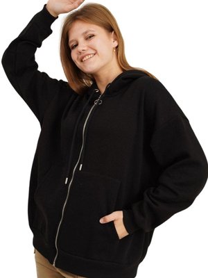 Siyah Kapüşonlu Tam Fermuarlı Şardonlu Sweat