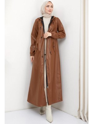 Taba Kapüşonlu Bağlamalı Uzun Deri Trençkot Taba Kapüşonlu Bağlamalı Uzun Deri Trençkot