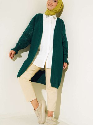 Kolları Kabartma Detalı Triko Hırka Zümrüt Yeşili