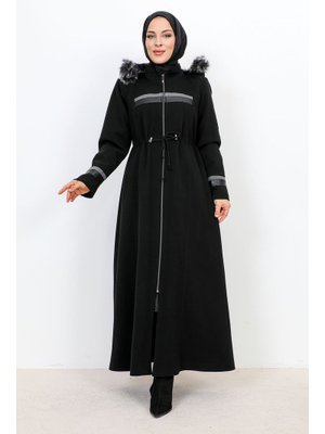 Siyah Deri Detaylı Boydan Fermuarlı Kaşe Kaban Siyah Deri Detaylı Boydan Fermuarlı Kaşe Kaban