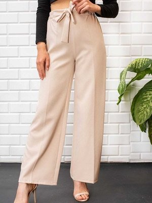 Beli Lastikli Dabıl Krep Bol Paça Taş Pantolon