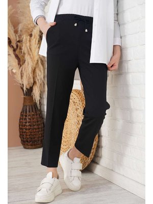 Siyah İp Detaylı Beli Lastikli Bilekte Pantolon