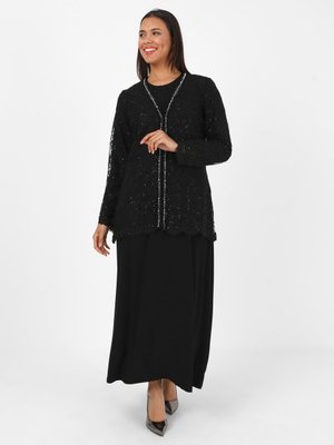 Siyah Taş İşlemeli Dantel Büyük Beden Abiye Elbise İkili Takım