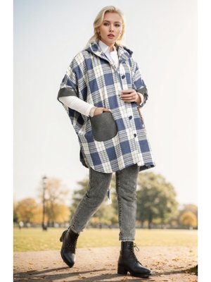 İndigo Kapüşonlu Ekose Desenli Panço