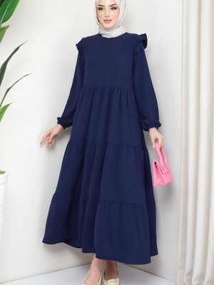 Omuzu Fırfırlı Ayrobin Elbise Lacivert