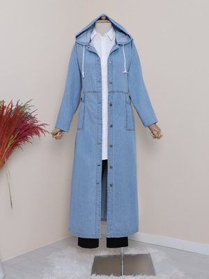 Çift Cepli Boydan Düğmeli Kapüşonlu Uzun Kot Kap