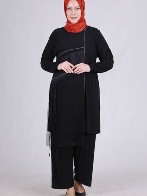 Siyah Büyük Beden Sandy Pantolonlu Takım Siyah Büyük Beden Sandy Pantolonlu Takım