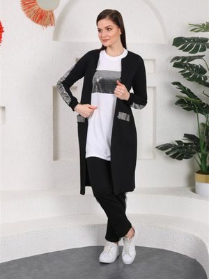 Siyah Pul Payet Detaylı Üçlü Kombini Eşofman Takım